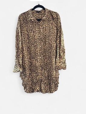 J.Crew Leopard Print Button-Up tunic top shirt size M edgy sheer preppy casual